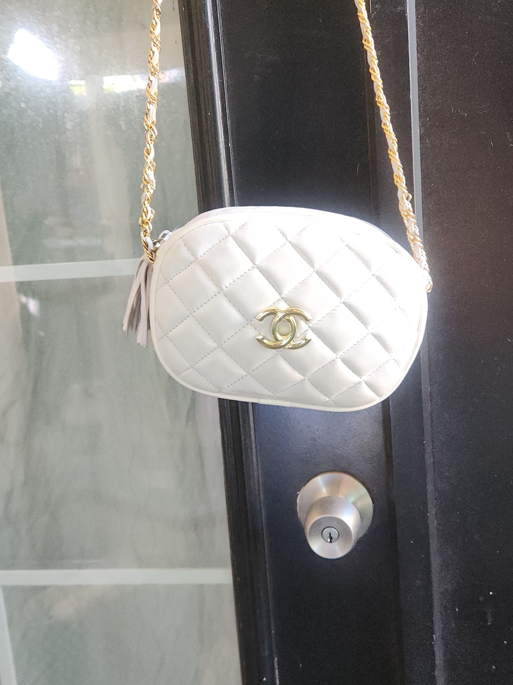 White Quilted Camera Bag with Gold Chain - Picture 9 of 10